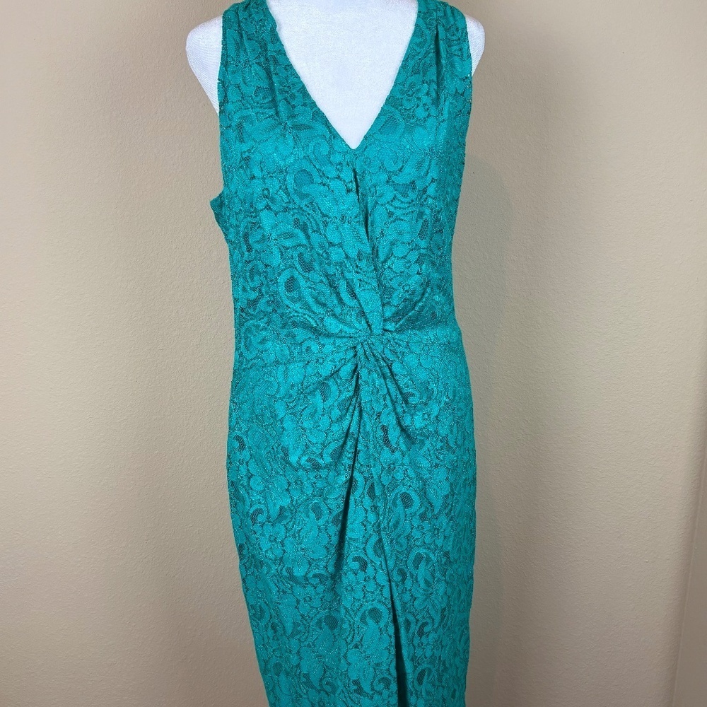 David Meister Vision in Lace Teal Sleeveless Pencil Skirt Dress w/ Twist Detail